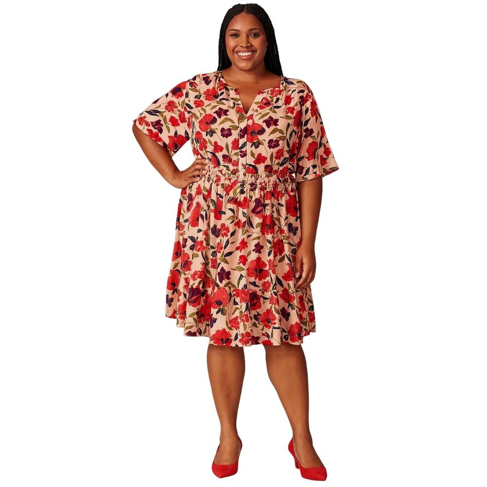Dokotoo Floral Tiered Knee Length Dress Split Neck Pockets Plus Size 2XL New